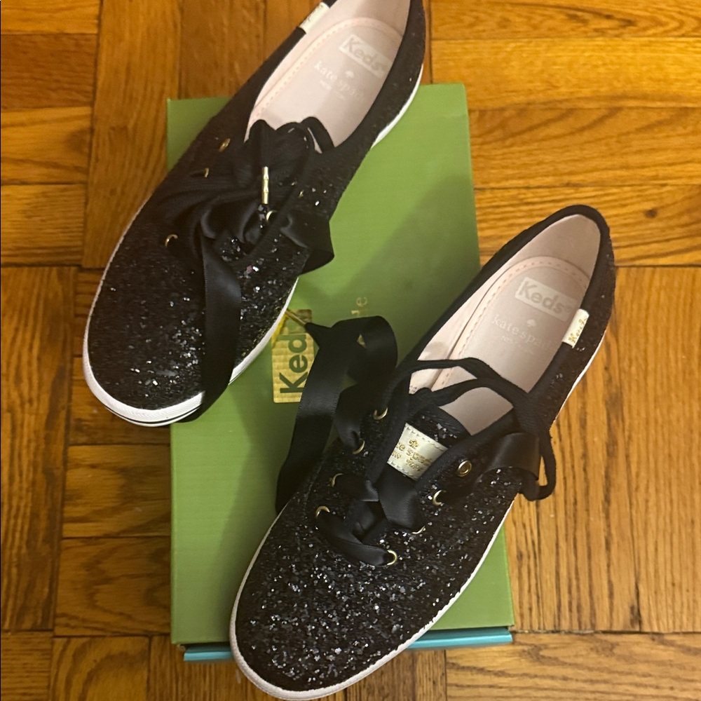 Kate Spade Keds Women’s Black Glitter Ribbon Lace Sneakers